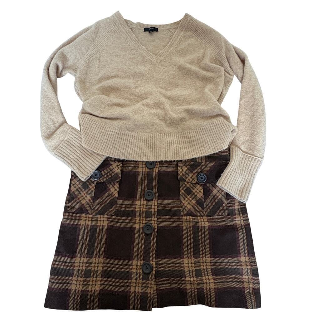 Ann Taylor Loft Wool Blend Plaid Button Front Mini Skirt Brown 10 Dark Academia